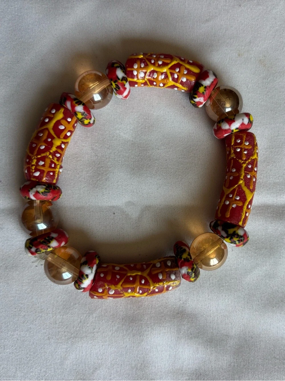 Handcrafted Red and Yellow Beaded Stretch Bracelet
